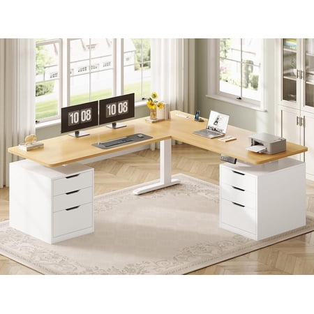 SEDETA L Shaped Electric Standing Desk with 6 Drawers, Height Adjustable Sit Stand Computer Table with Power Outlets, Large Corner Executive Office Desk Workstation for Home Office, White Oak