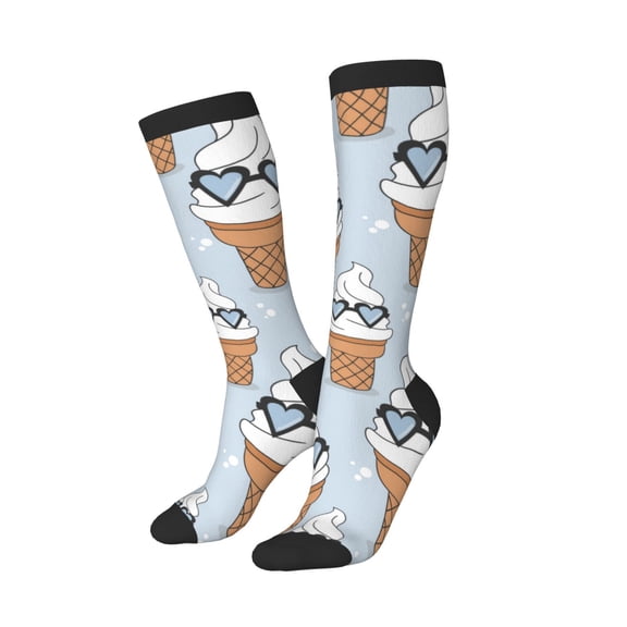 Knee High Socks for Women Men Athletic - Cartoon Cool Ice Cream Print Thigh-High Black Sole Comfort Breathable Long Socks for Casual Travel Running