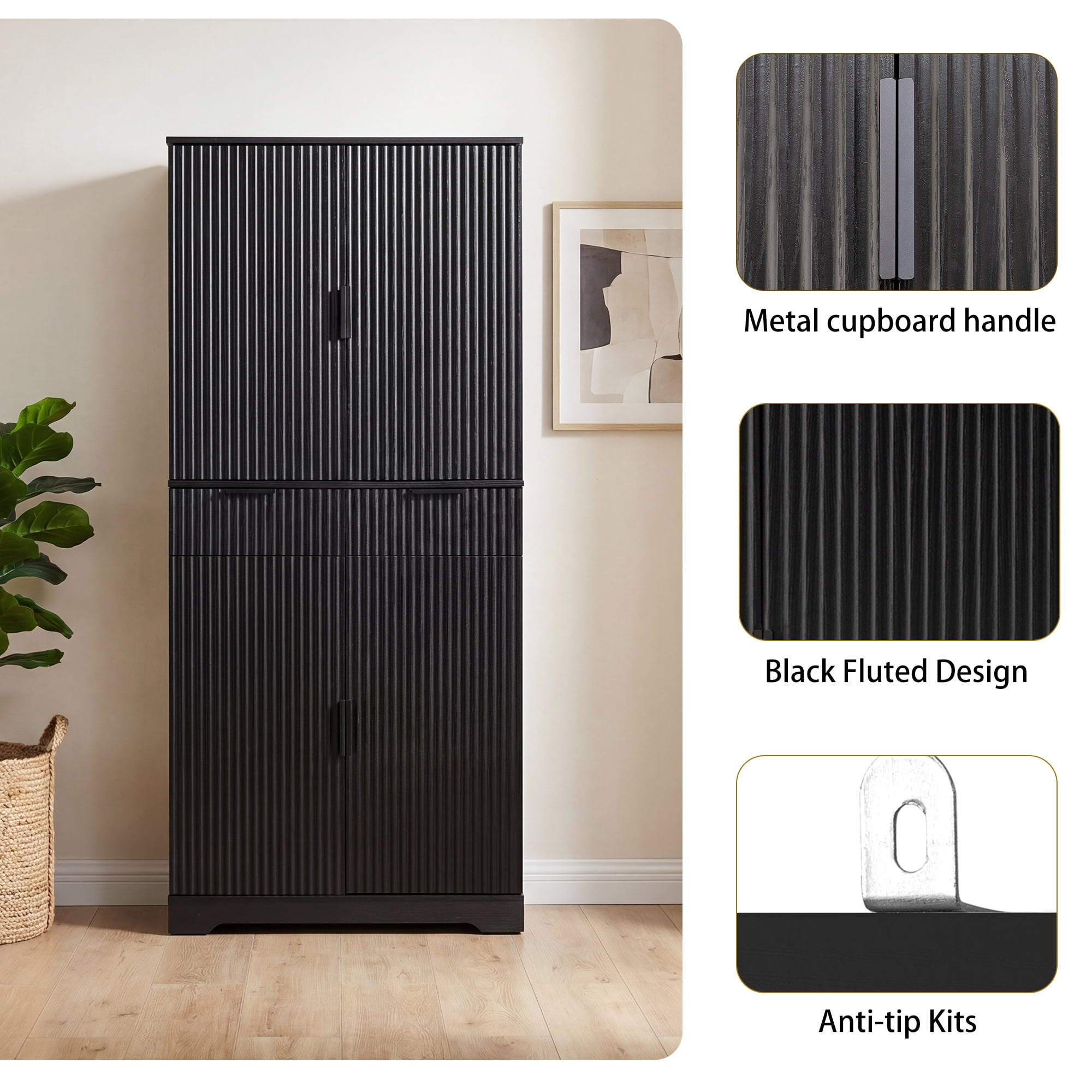 Mintazer 72" Fluted Freestanding Kitchen Pantry Storage Cabinet with 4 Door & Drawers, Large Storage Hutch with Spice Door Racks for Kitchen Dining Room Bathroom, Black