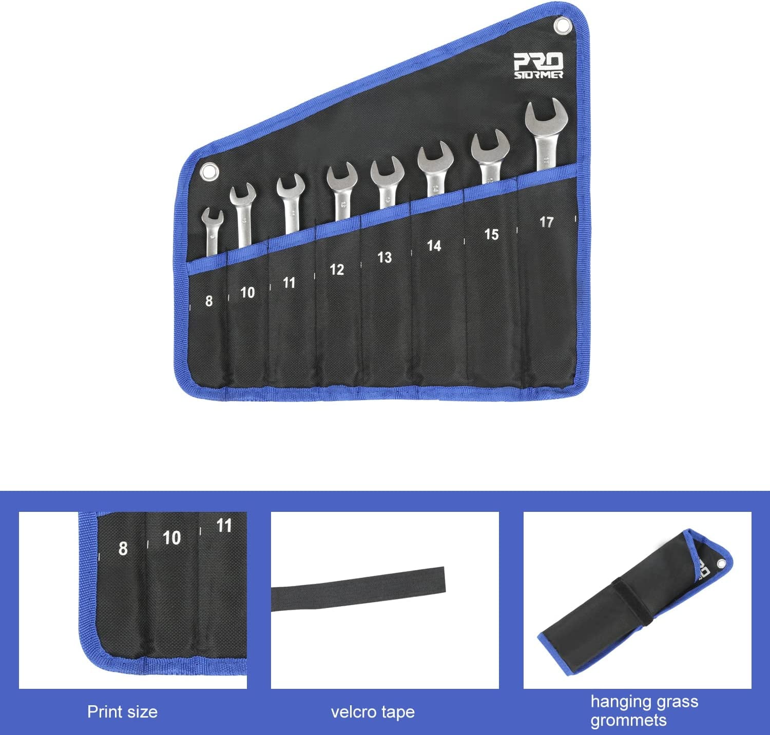 PROSTORMER 8 Piece Flex Head Ratchet Combination Wrench Set, 8-17mm Metric, 90-Teeth Box End and Open End Spanner Gear Wrench with Cr-V Constructed, Canvas Bag