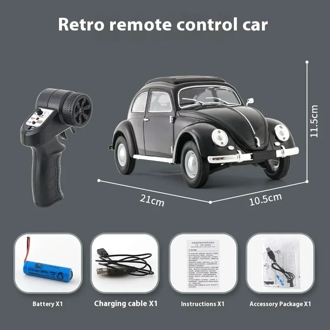 1:16 Retro RC Drift Car Toy, D62MINI Beetle-Style Flat-Running Remote Control Car with LED Lights, Rear-Wheel Drive, 130 Motor & 3.7V Battery for Adults
