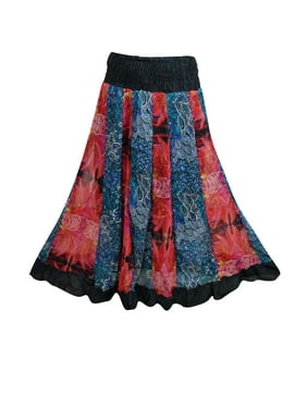 Mogul Womens Peasant Skirt Red Blue Patchwork Printed Tiered Long Maxi Skirts