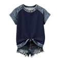 thumbnail image 7 of Womens Summer Tops Shorts Sleeve Waffle Knit Crew Neck T-Shirts Faux Denim Patchwork Dressy Tunic Trendy Plain Blouses Shirts Lounge Casual Loose Fit Tees Shirt Top Going Out, 7 of 7