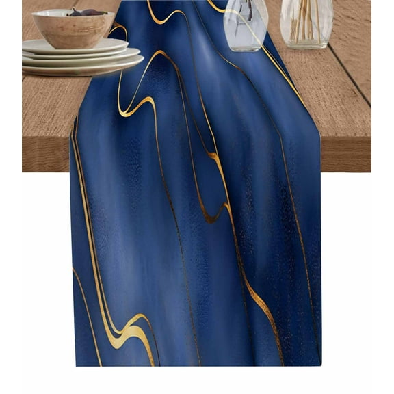 Marble Navy Blue Table Runner-Cotton Linen- 72 Inch Holiday Dresser Scarves, Golden Geometric Stripes Ocean Wave Tablerunner for Kitchen Coffee/Dining Bedroom Living Room Dinner Scarf Décor 13x72