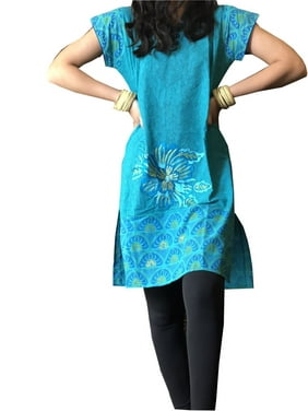 Mogul Women Womens Tunic Dress Blue Printed Embroidered Summer Cotton Kurti M