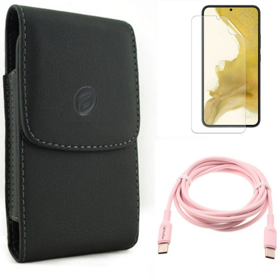 Matte Screen Protector & Case Belt Clip & Pink 6ft Long Cable for Samsung Galaxy S22 (6.1") - TPU Film Anti-Glare & Leather Holster & USB-C to Type-C PD Fast Charger Accessory Bundle