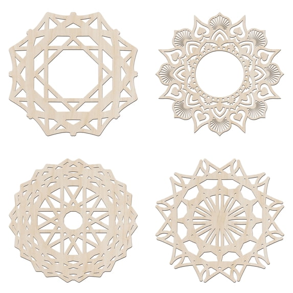 Mandala Wooden Wall Art Set of 4, Curving Floral Starry Geometric Motif, Birch Wood Plywood Rustic Wall Art Accent for Hallway Bedroom Living Room and Offices, 11,4" X 11,4" X 0.1", by Ambesonne