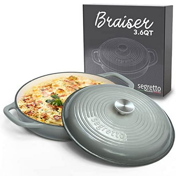 Segretto Cookware 3.6 Qt Enameled Cast Iron Dutch Oven Braiser Pan with Lid – Gray Casserole Dish, Enamel Cookware with Handles