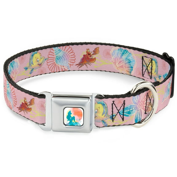 Disney Pet Collar, Dog Collar Metal Seatbelt Buckle, The Little Mermaid Flounder and Sebastian Under the Sea Pinks, 9.5 to 13 Inches 1.0 Inch Wide