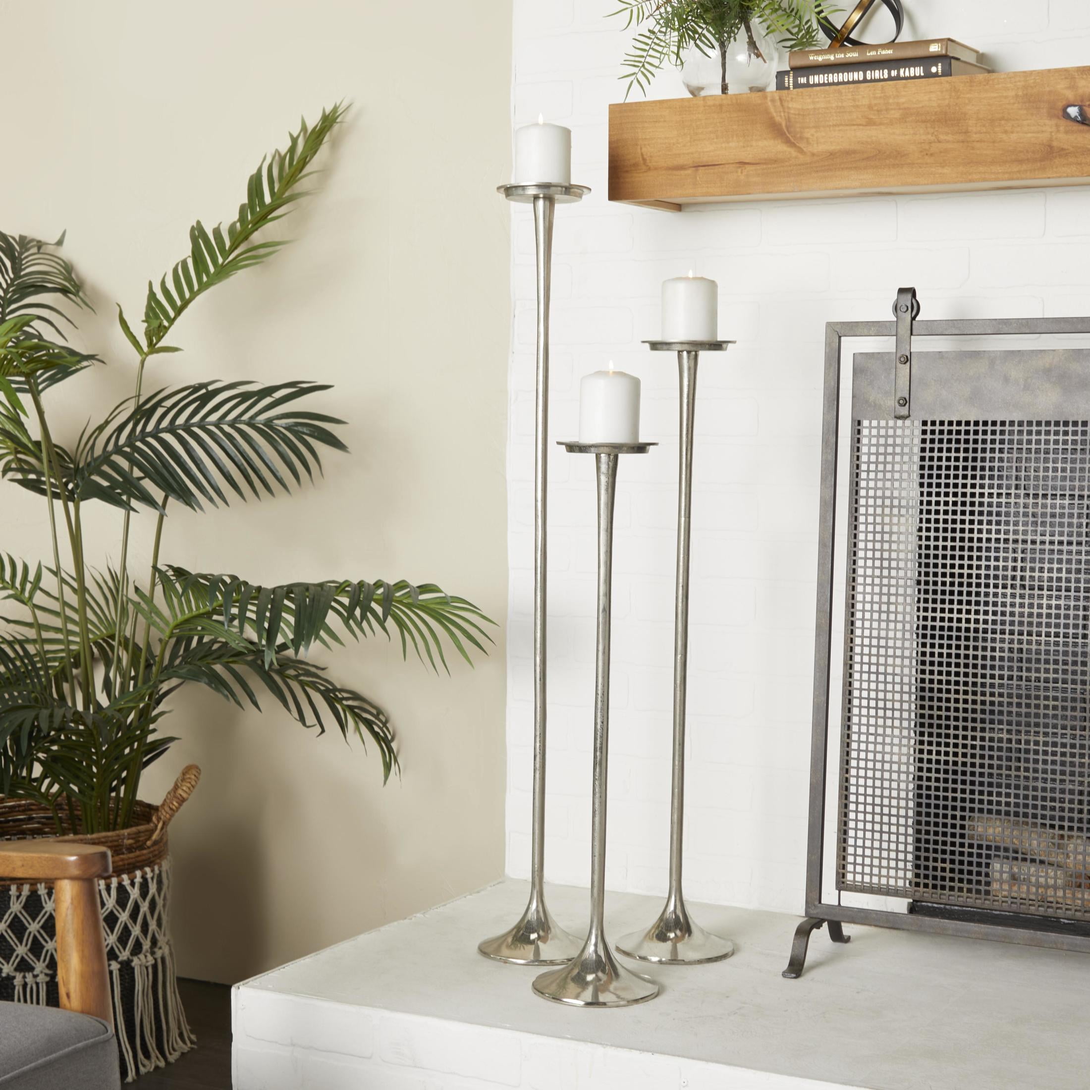 DecMode 3 Candle Silver Aluminum Metal Tall Candle Holder, Set of 3