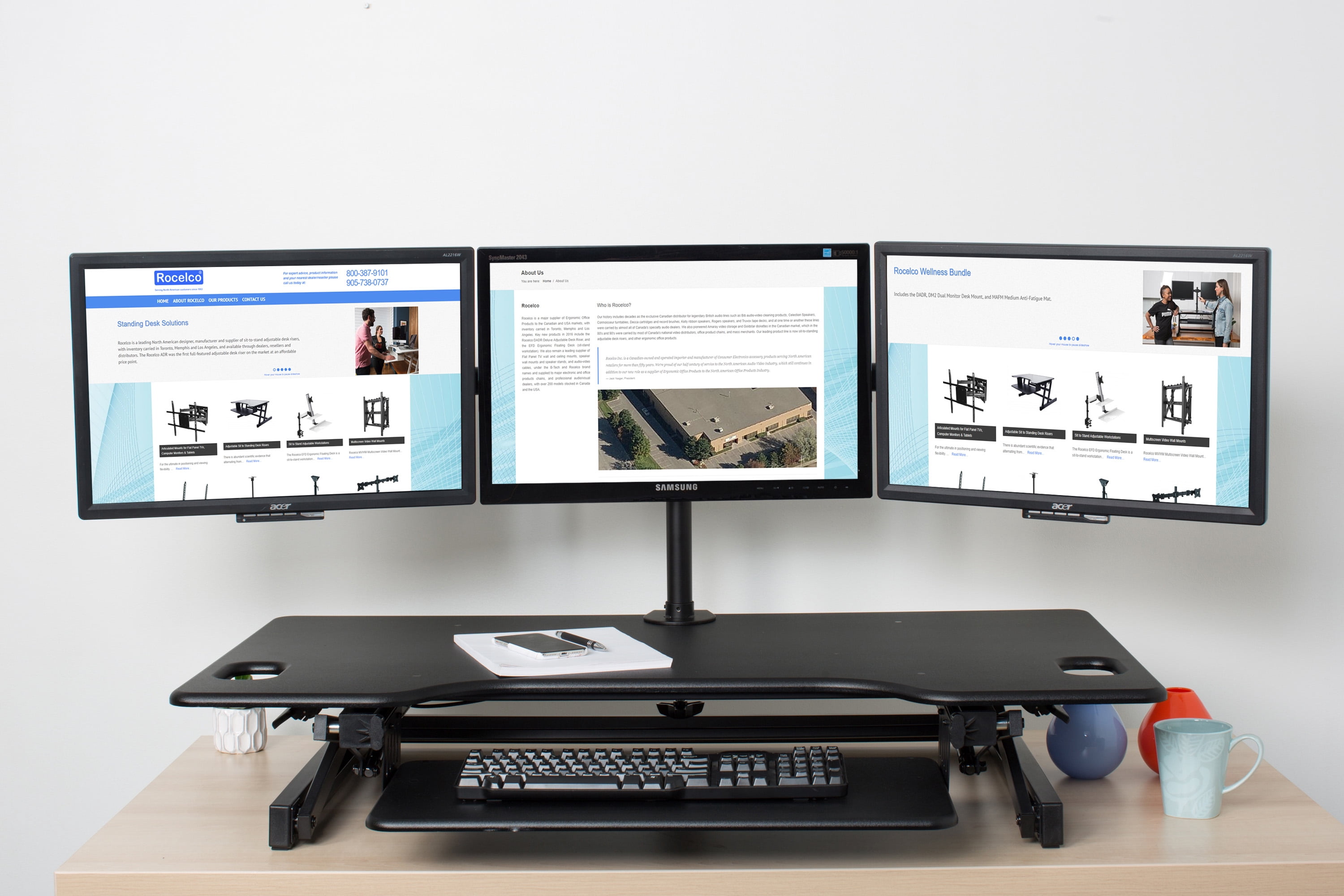Rocelco 40" Large Height Adjustable Standing Desk Converter with Dual Monitor Mount BUNDLE | Quick Sit Stand Up Computer Workstation Riser | Retractable Keyboard Tray | Black (R DADRB-40-DM2)