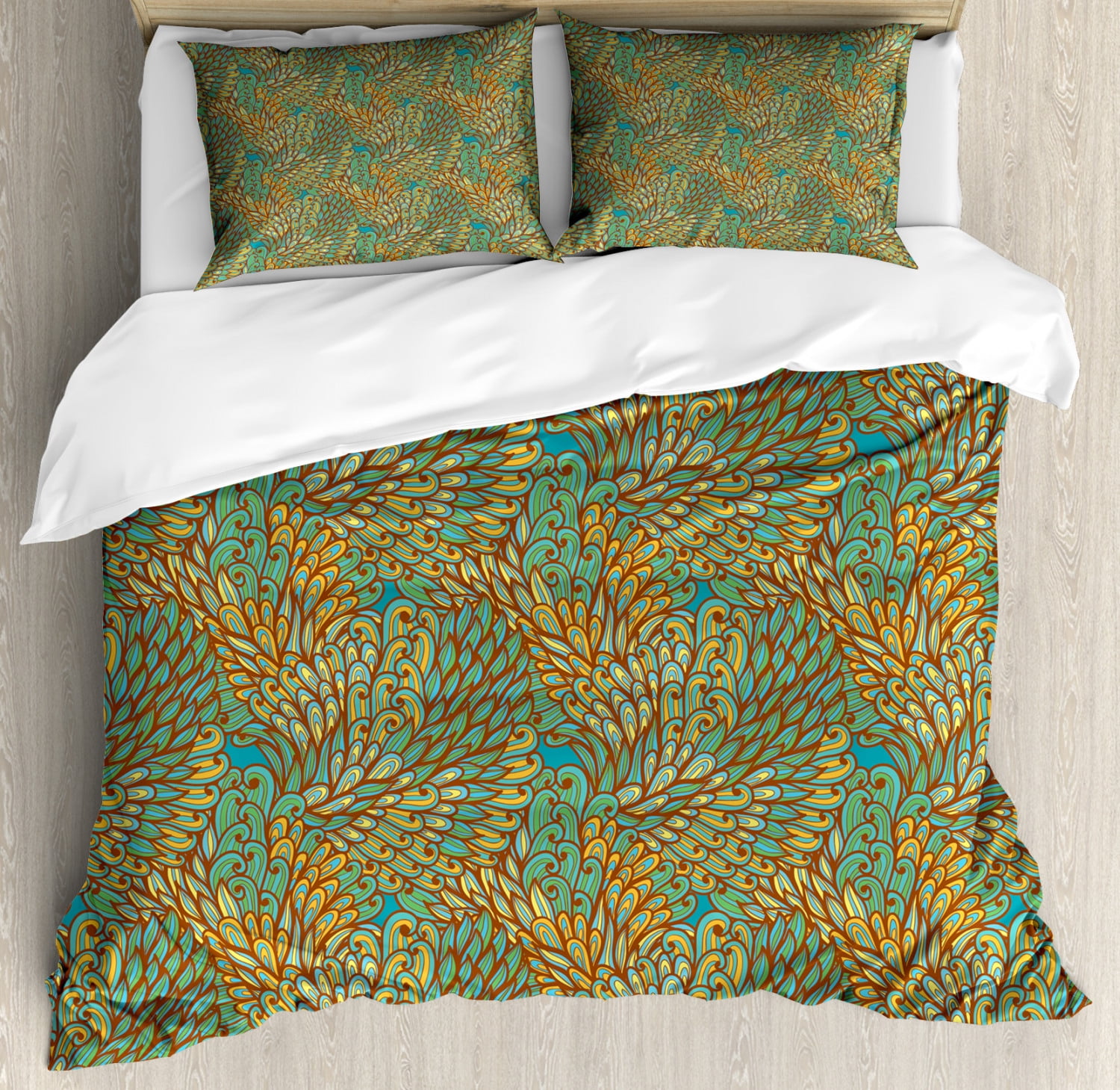 Yellow and Blue King Size Duvet Cover Set, Floral Pattern with Colorful