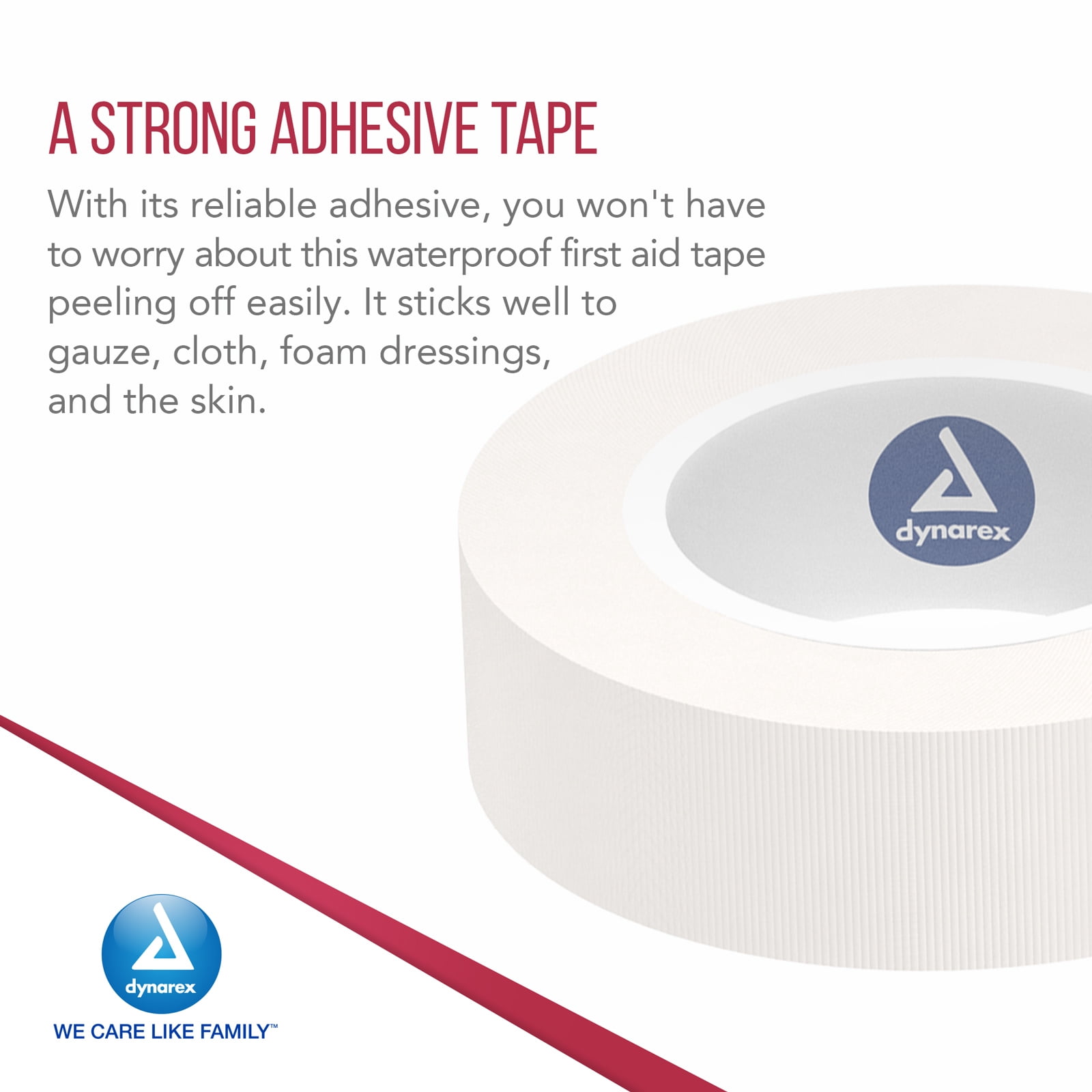 Dynarex Waterproof Adhesive Tape - High-Tensile, Strong Adhesive, Non-Sterile - No Rubber Latex & DEHP - 1/2” x 2.5 Yards - 500 Rolls per Bulk Case