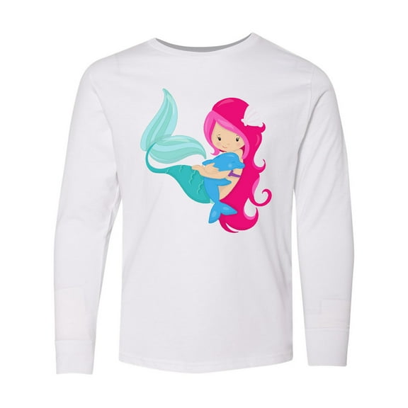 Inktastic Mermaid And Dolphin, Mermaid With Pink Hair Long Sleeve Youth T-Shirt