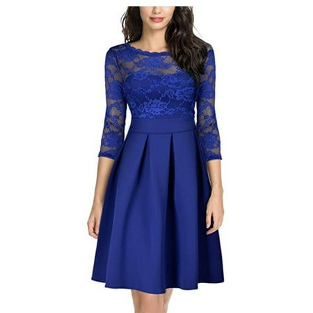 Knee Deep Black Lace - Women Lace Crochet Wedding Cocktail Formal Bridesmaid Evening Party Midi Dress Prom Gown Ladies 3/4 Sleeve Deep V Back Dresses Black