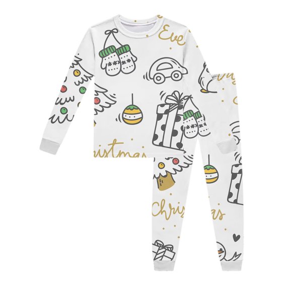 AWZXDE Christmas Pajamas Outfits Set Boys Pajamas Long Sleeve Top And Pants Doodle For Kids Holiday Family Matching Outfits White,7-8 Years