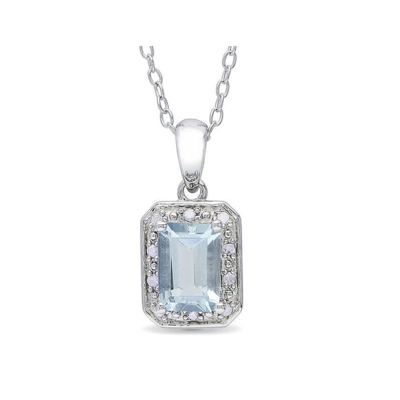 1.00 Carat (ctw) Emerald-Cut Aquamarine Pendant Necklace (ctw) with Diamonds in Sterling Silver with Chain