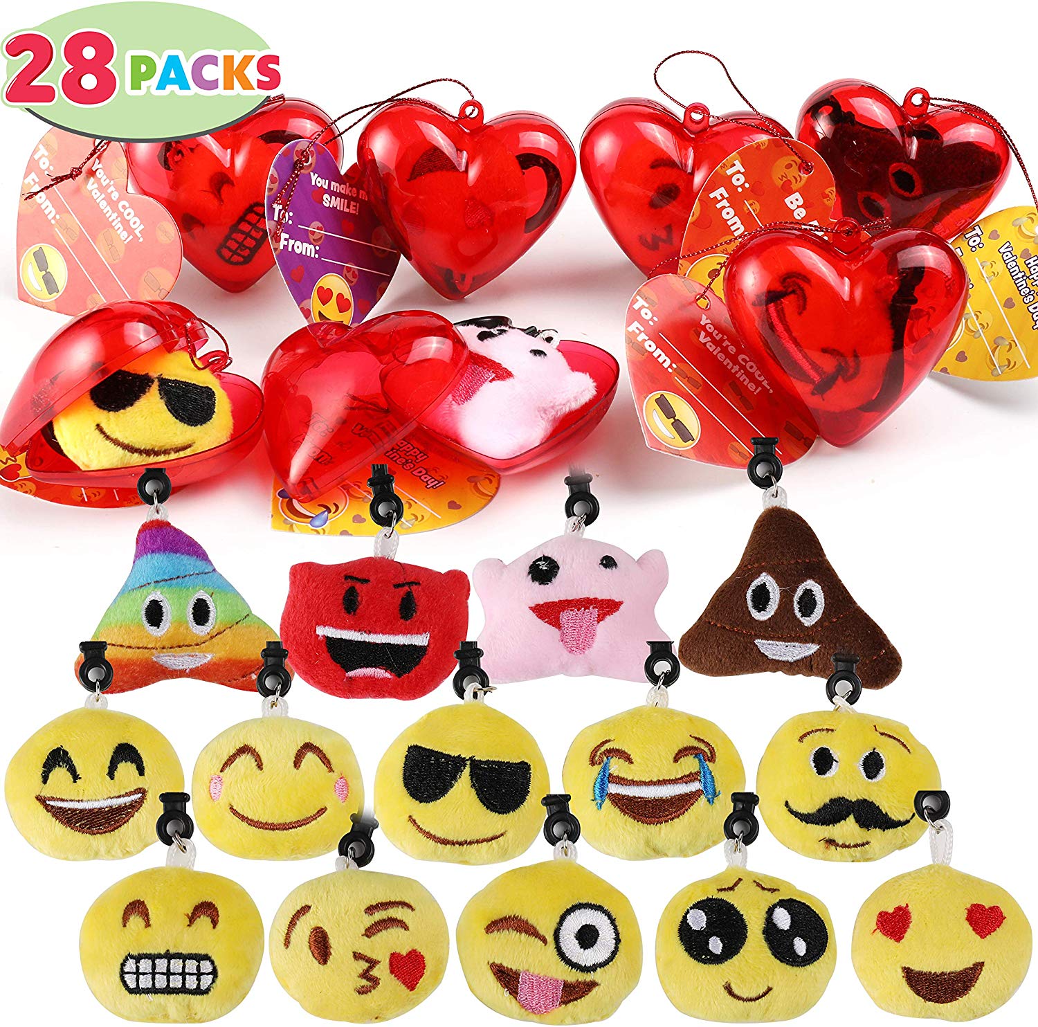 28 Packs Kids Valentines Emoji Party Favors Set includes 28 Emoji Keychains Filled Hearts and