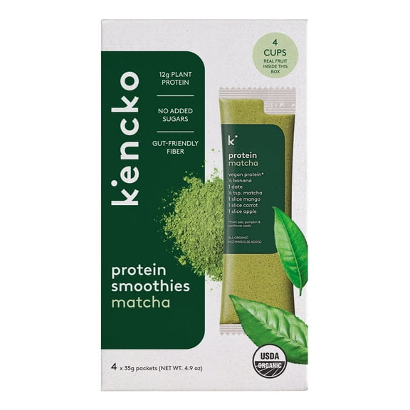 Kencko Matcha Organic Instant Fruit & Veggie Protein Smoothies, Powdered Drink Mix, 1.23 oz, 4 Pack