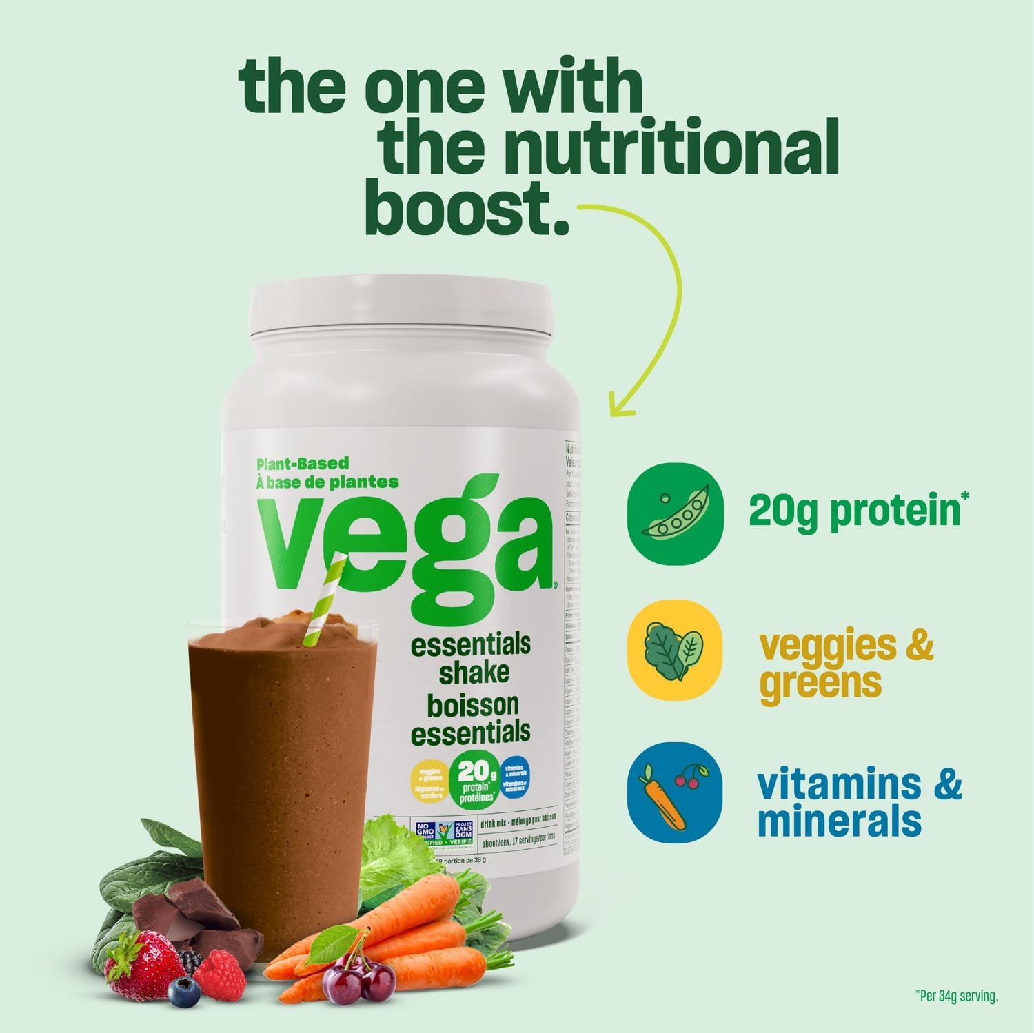 Vega Essentials Plant-Based Protein Powder, Chocolate, 17 Servings, 613g