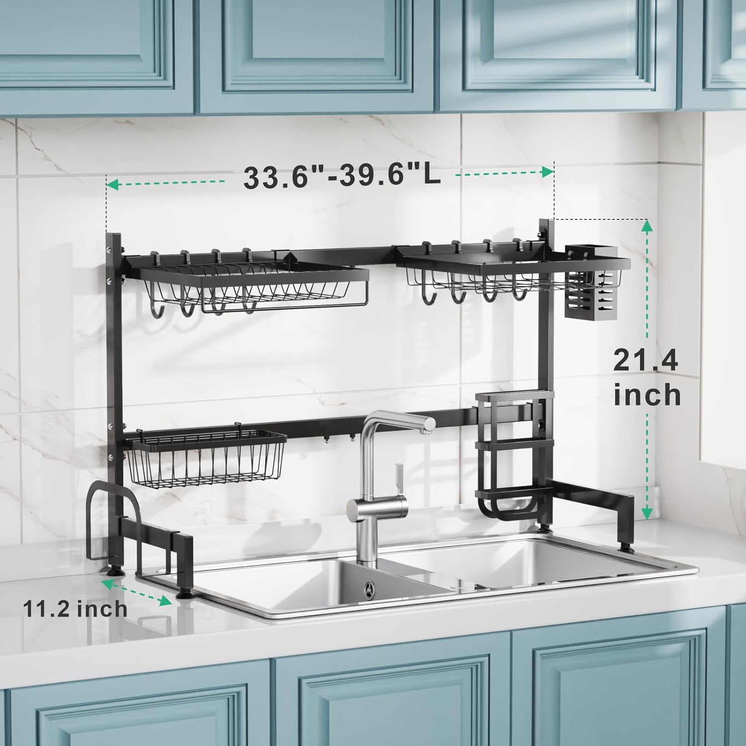 Over The Sink Dish Drainer Drying Rack - Adjustable Length (33.6"-39.6") Large Over Sink Dish Drying Rack with Cutting Board Holder, Utensil Sponge Holder, Kitchen Sink Shelf Organizer, Black