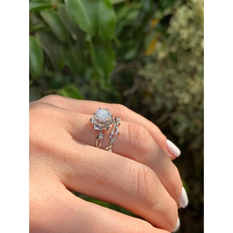 Solitaire Twig & Vine Design Women Bridal Ring Set for Engagement In 925 Silver 14K White Gold Over