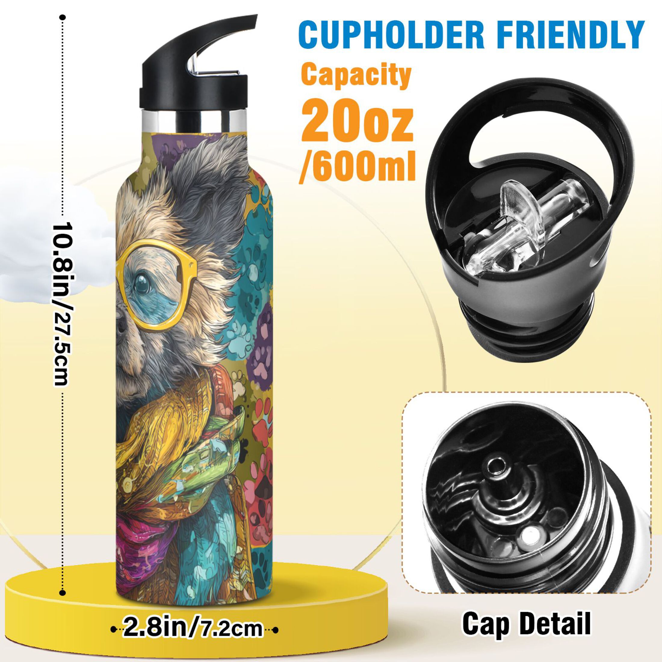 Kids Insulated Stainless Steel Sports Water Bottle 600ml (20oz) Dog Wearing Yellow Glasses
