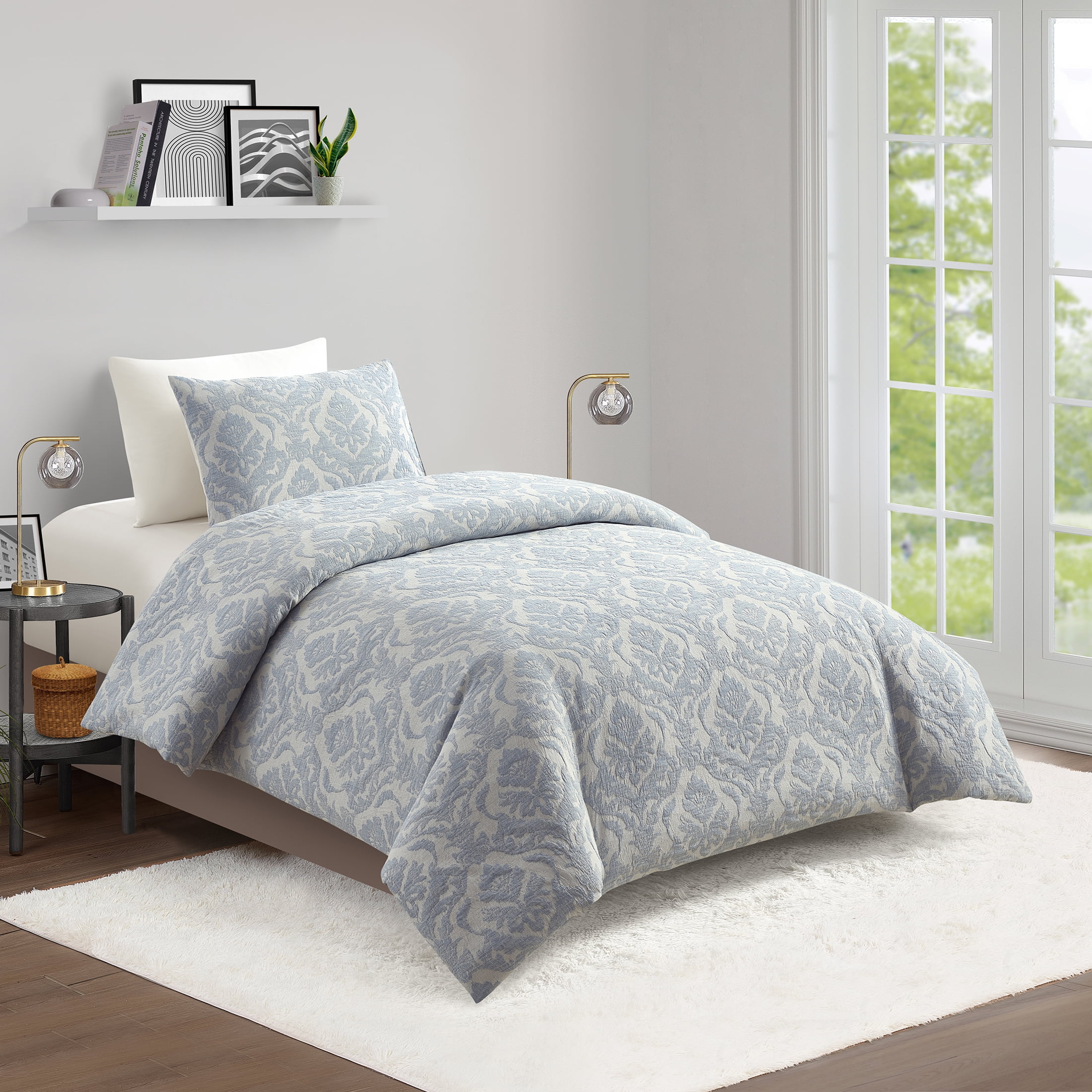 Better Homes & Gardens Woven Damask 2-Piece Comforter Set, Blue/Silver, Twin/Twin-XL
