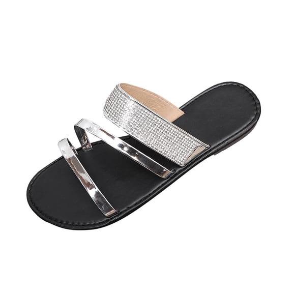 Hurxie Women's Metallic Strappy Flat Sandals Dressy Sparkly Open Toe Slide Vacation Summer Sandals Silver