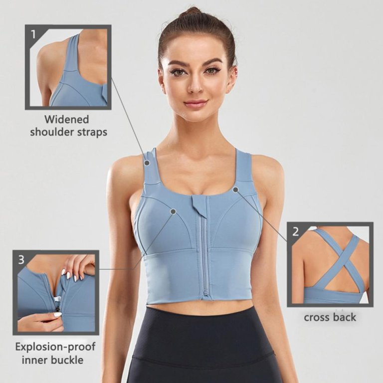 Workout Running Sports Bras For Women High Impact High Support Zip Front  Adjustable Shoulder Straps Cross Back Crop Top