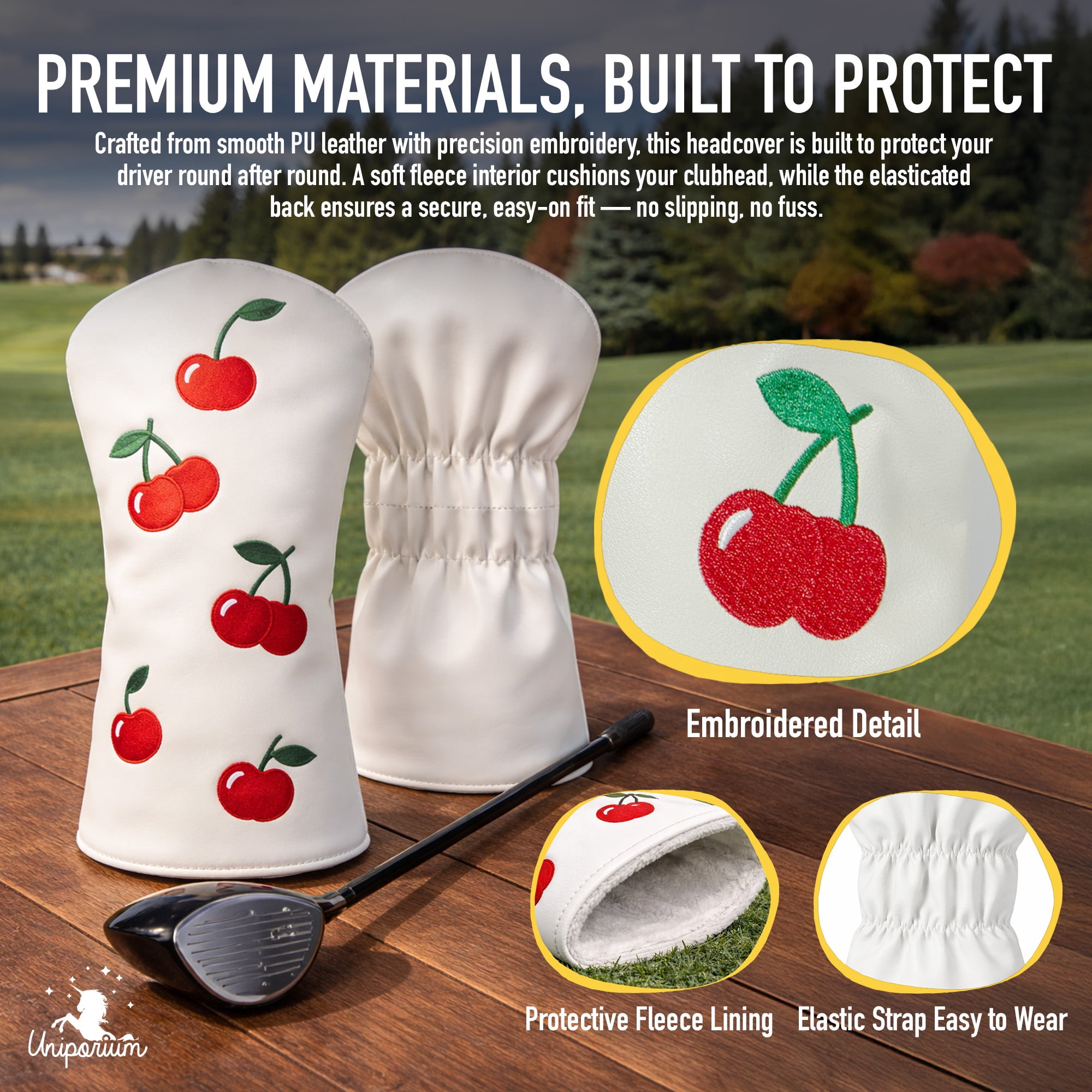 Uniporium Cherry Novelty Head Cover – Premium PU Leather Golf Driver Headcover with Embroidered Details, Designed for Modern 460cc Drivers, and a Fun Golf Accessory and Gift