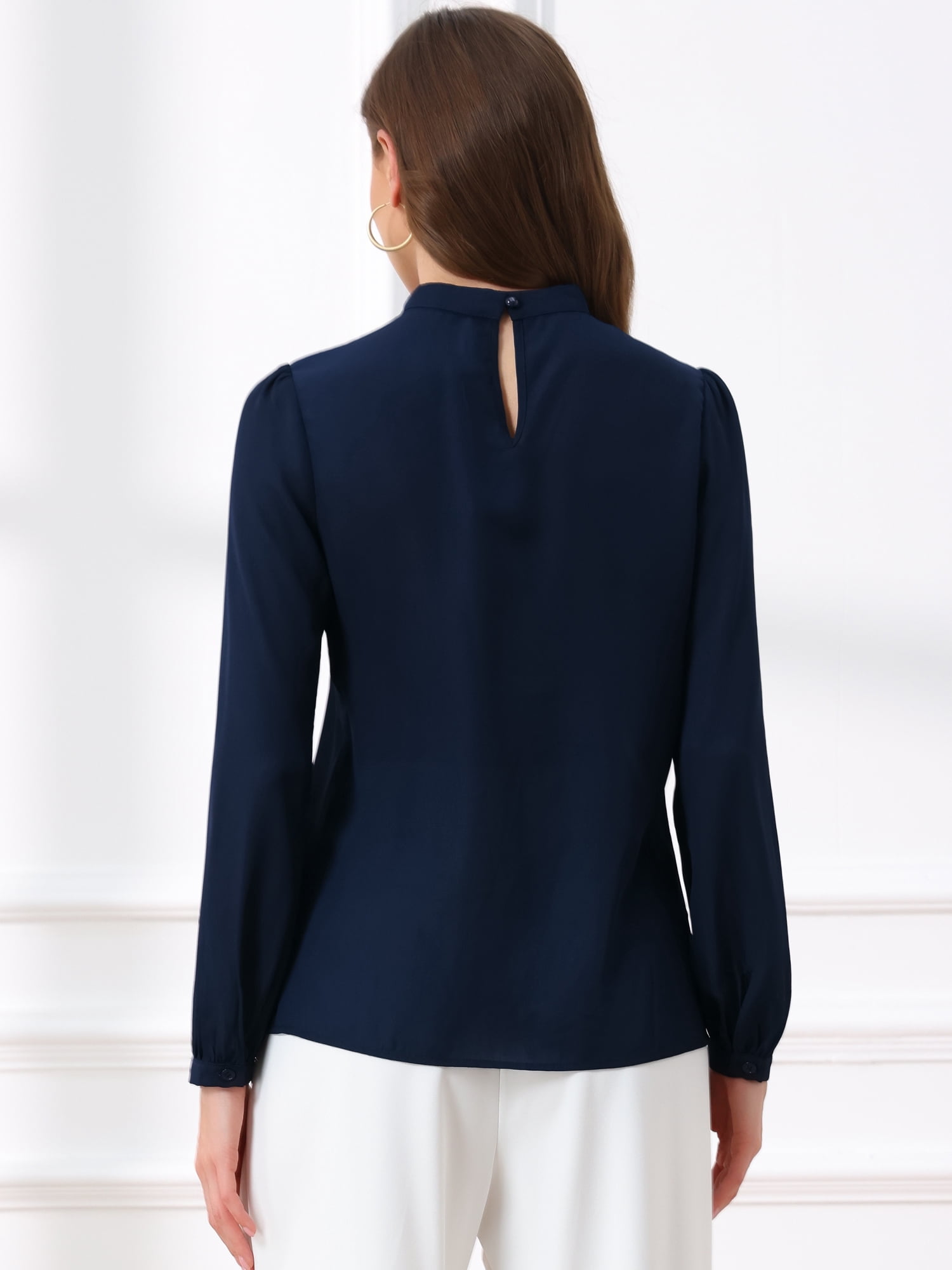 DARING DIVA Women's Long Sleeve Mock Neck Business Blouses Shirts M Dark Blue
