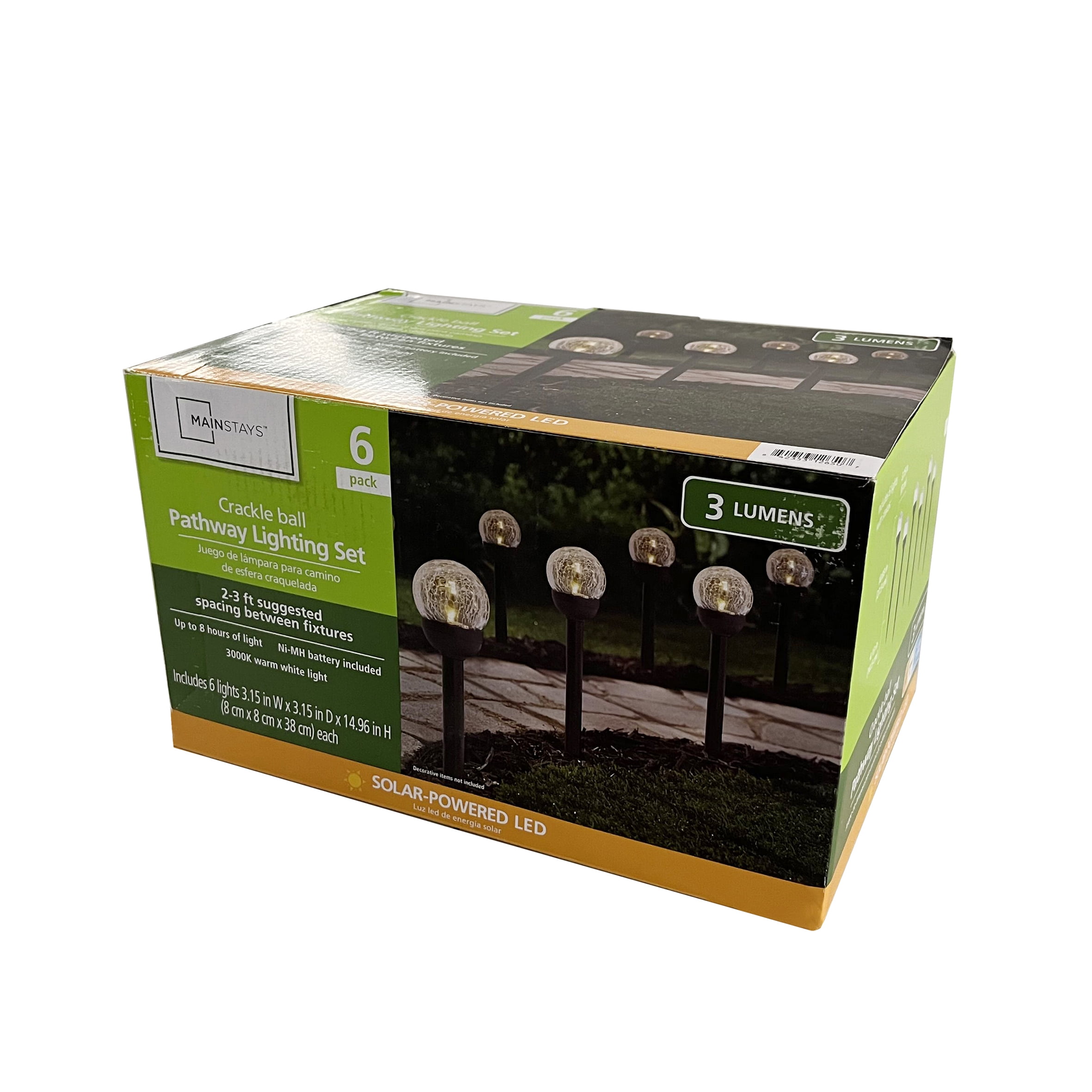 Mainstays Solar Powered Black LED Landscape Crackle Glass Ball Path Light, 3 Lumens, 6 Pack