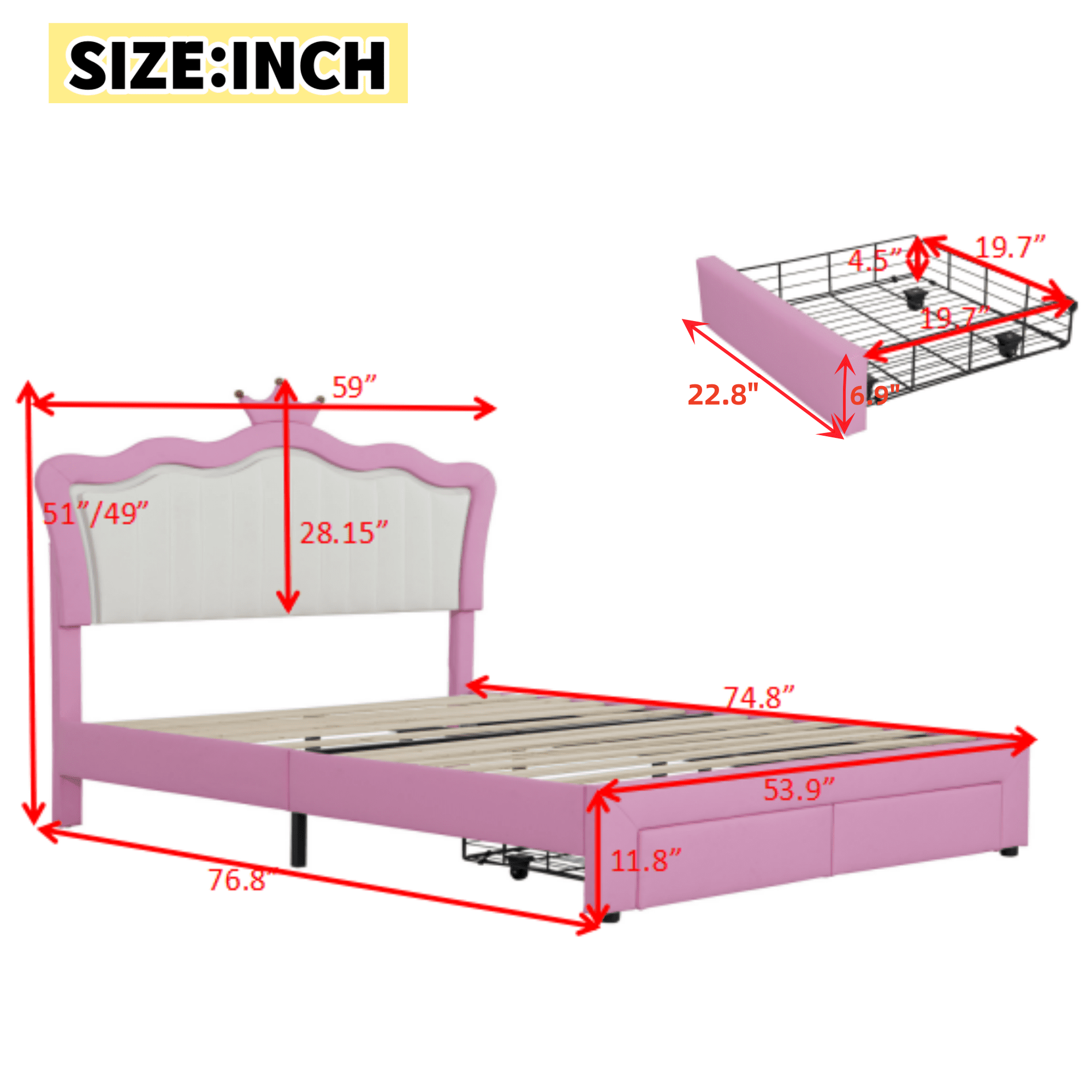 Miniyam Upholstered Full Size Bed with LED Lights, Crown Headboard for Kids, Pink