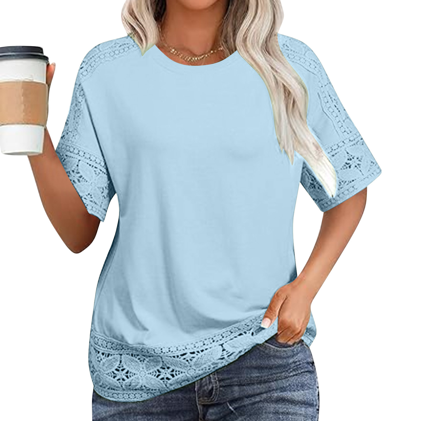 ALLLIST Cotton Linen Tops for Women Elbow-Length Crew Neck T-Shirts Casual Blue Plain Shirts Womens Clothing