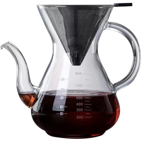 Pour Over Coffee Maker,800ml/27oz Paperless Borosilicate Glass Carafe and Reusable Stainless Steel Permanent Filter,Glass Coffee Pot,Manual Coffee Dripper Brewer