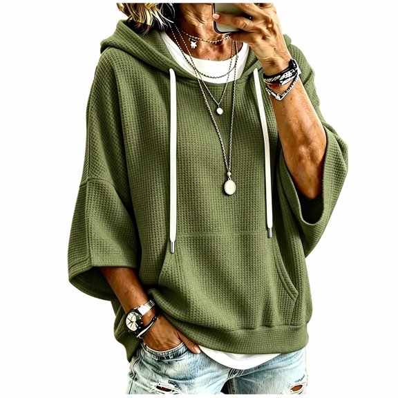 hlysgo Womens Knit Hoodie Batwing 3/4 Bell Sleeves Oversized Sweatshirts with Kangaroo Pocket Lightweight Casual Pullover Tops Green,S