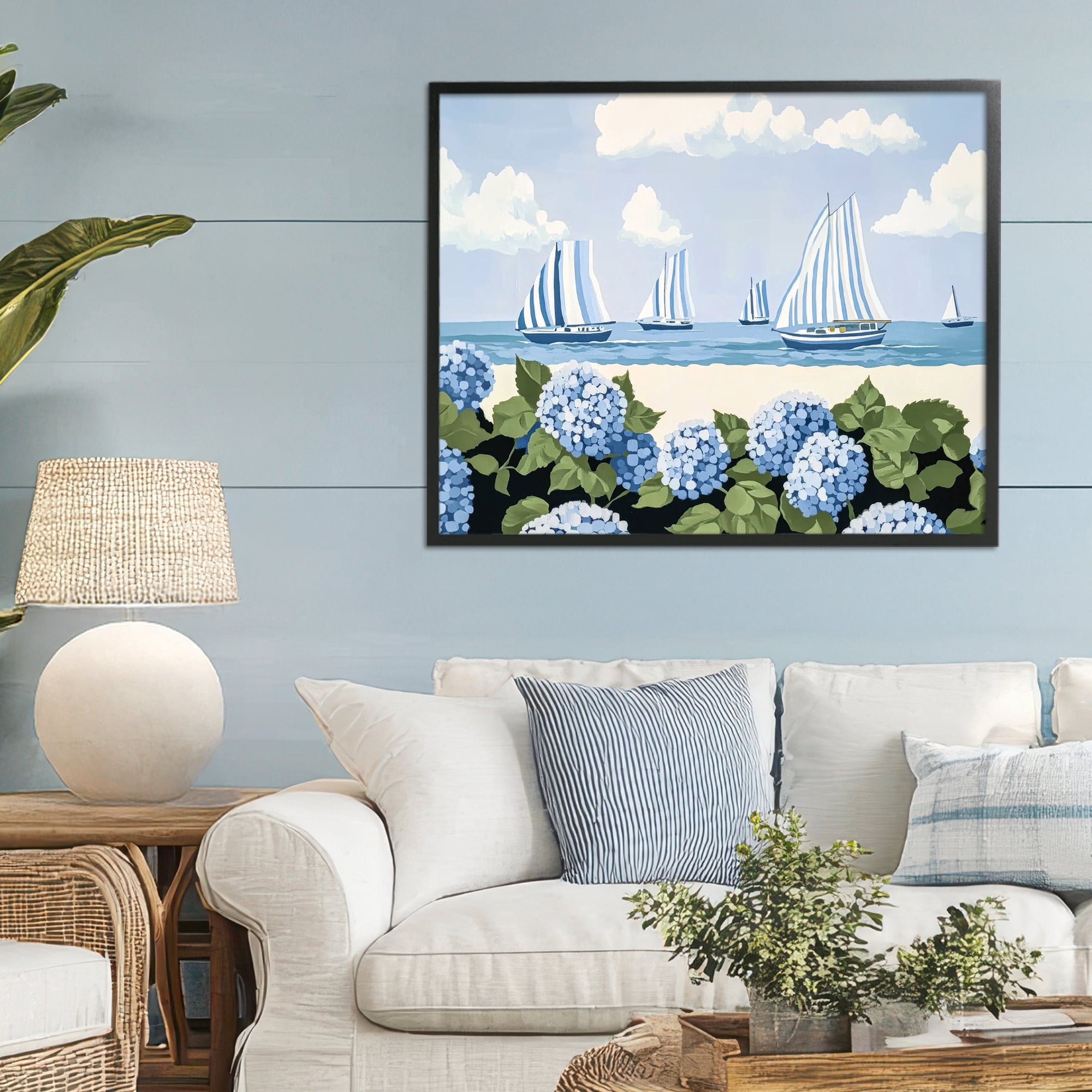 Stupell Industries Striped Sails & Seaside Hydrangeas Black Framed Giclee Art, design by Sisi and Seb