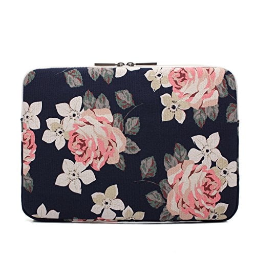 Canvaslife White Rose Patrón de 13 pulgadas Manga de laptop de lona con bolsillo 13.3 pulgadas Caso de laptop 13.1 Caso 13.6 Sleeve