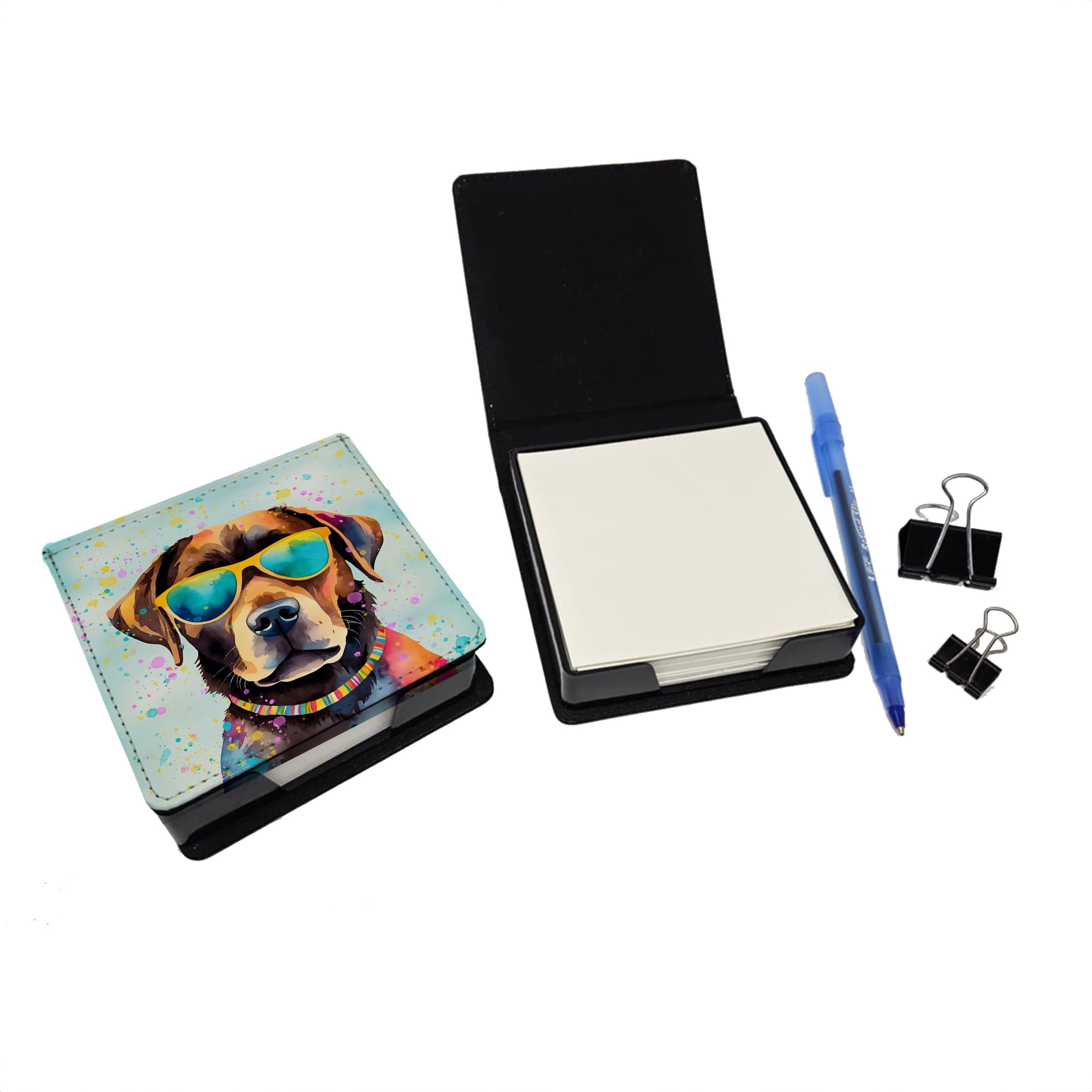 Caroline's Treasures Chocolate Labrador Hippie Dawg PU Leather Note Paper Holder with Artist-Designed Cover, Desk Accessory, Office Gift