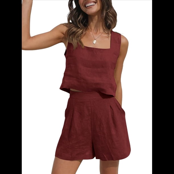Conjuntos de Verano de 2 Piezas para Mujer, Sin Mangas, con Top Corto y Pantalones Cortos, de , para Descansar, para Playa y Viajes. Vino Tinto M