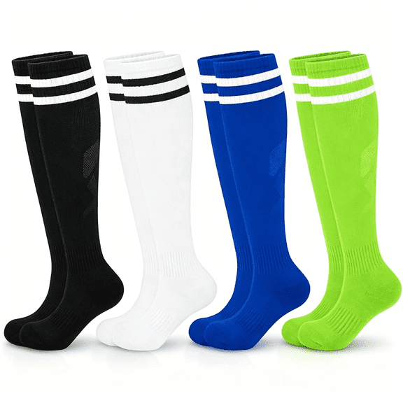 TELOLY 4 Pairs Kids Cotton Soccer Socks Cushion Striped Baseball Uniform Boys Sock Toddler Girls Knee High Socks