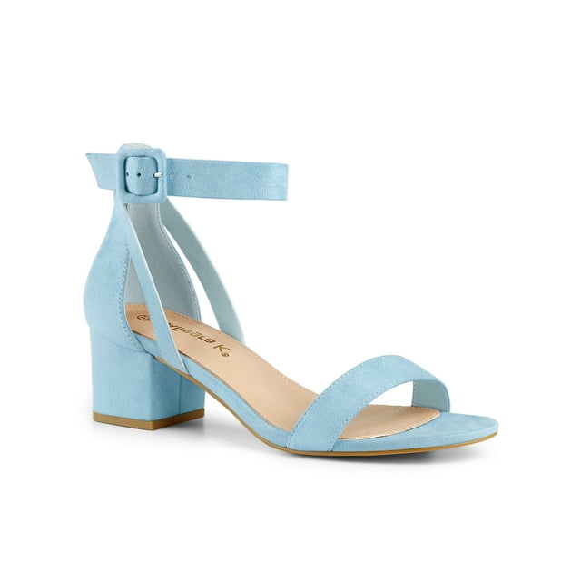 BLISSFUL STEP Women's Ankle Buckle Strap Chunky Heel Sandal Shoes Sky Blue 6.5