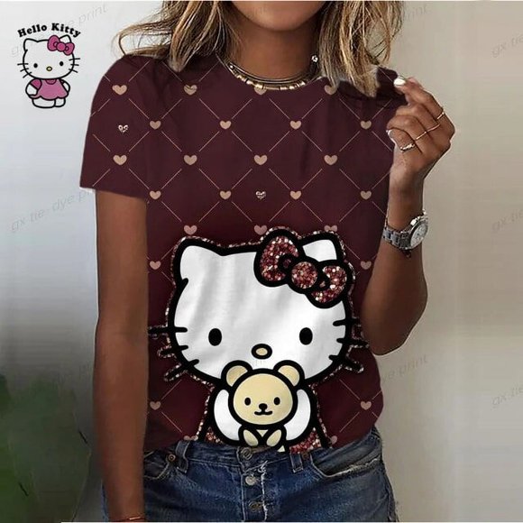T-shirt d'Été pour Femmes 3D Mode Hello Kitty Impression Harajuku T-shirt Surdimensionné T-shirt pour Filles Vêtements Nouveau Manches Courtes Col Rond Haut