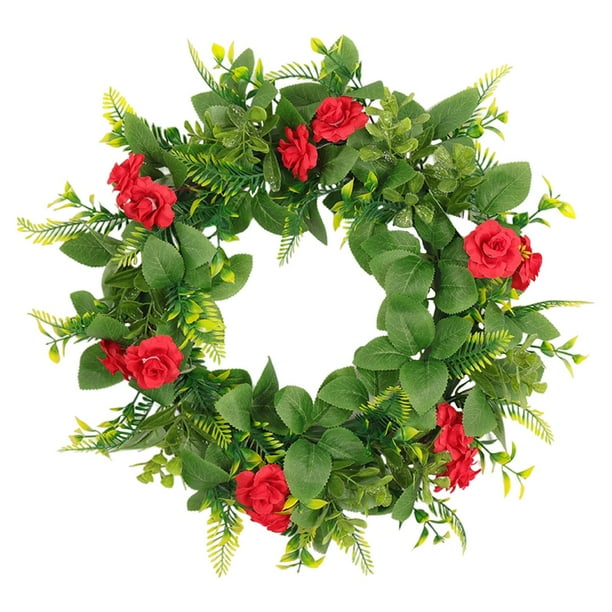 artificiales para puerta delantera de 45cm, ramo , artesanías florales colgantes para pared, oficina, hogar, decoración Corona de rosas (roja) Gloria coronas de puertas para el hogar