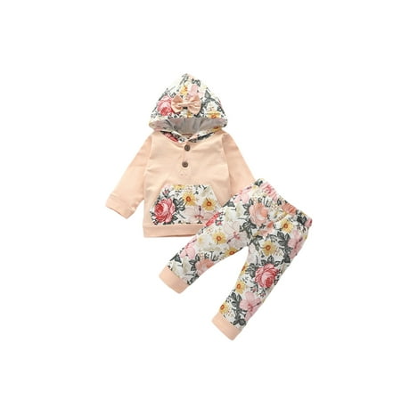 

Sunisery Toddler Baby Girls Apricot Floral Printed Hooded Pullover Tops Pants 2pcs Autumn Outfits Set Apricot 18-24 Months
