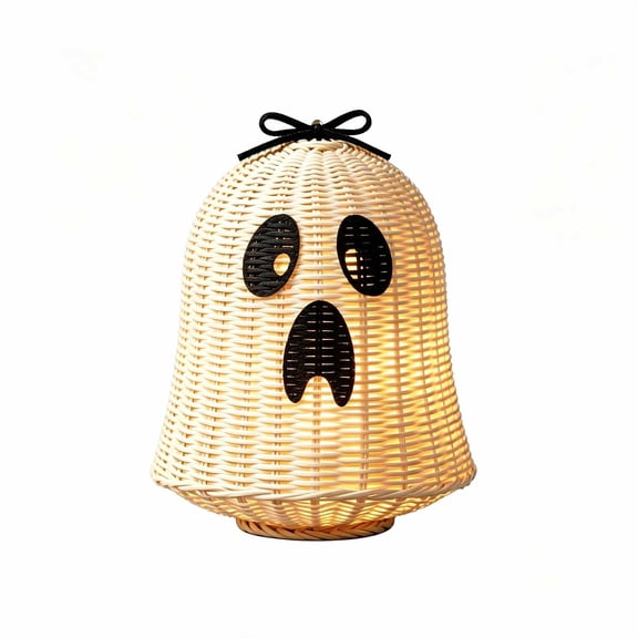 YuanGuangQ Halloween Ghost Woven LED Lamp, Rattan Table Light with Bow for Mantel Display, Battery Operated Warm Glow Night Light for Bedroom Party Home Indoor Spooky Decor
