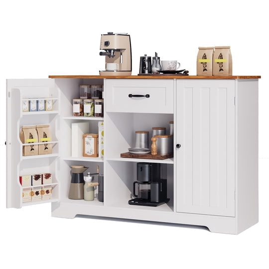 Coffee Bar, Aiho 45" Kitchen Storage Cabinet, Sideboard Buffet Cabinet with 14 Shelves, 1 Drawer - Retro Desktop