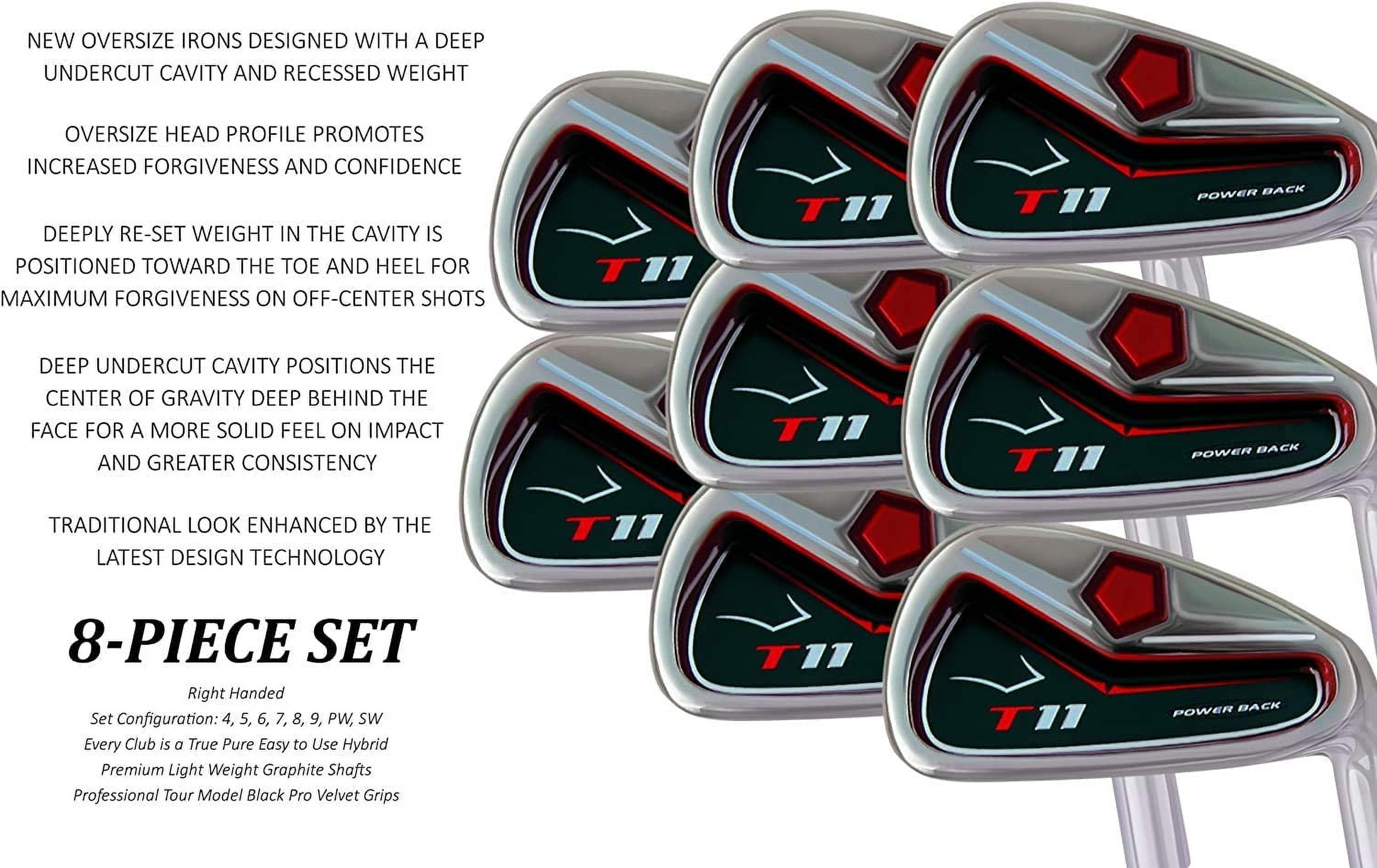 T11 Power Back XL Big & Tall (+2" Over Men's Standard Length) Iron Set 4-SW Golf Clubs Right Handed Stiff Flex Steel Shafts with Jumbo Black Pro Velvet Grip