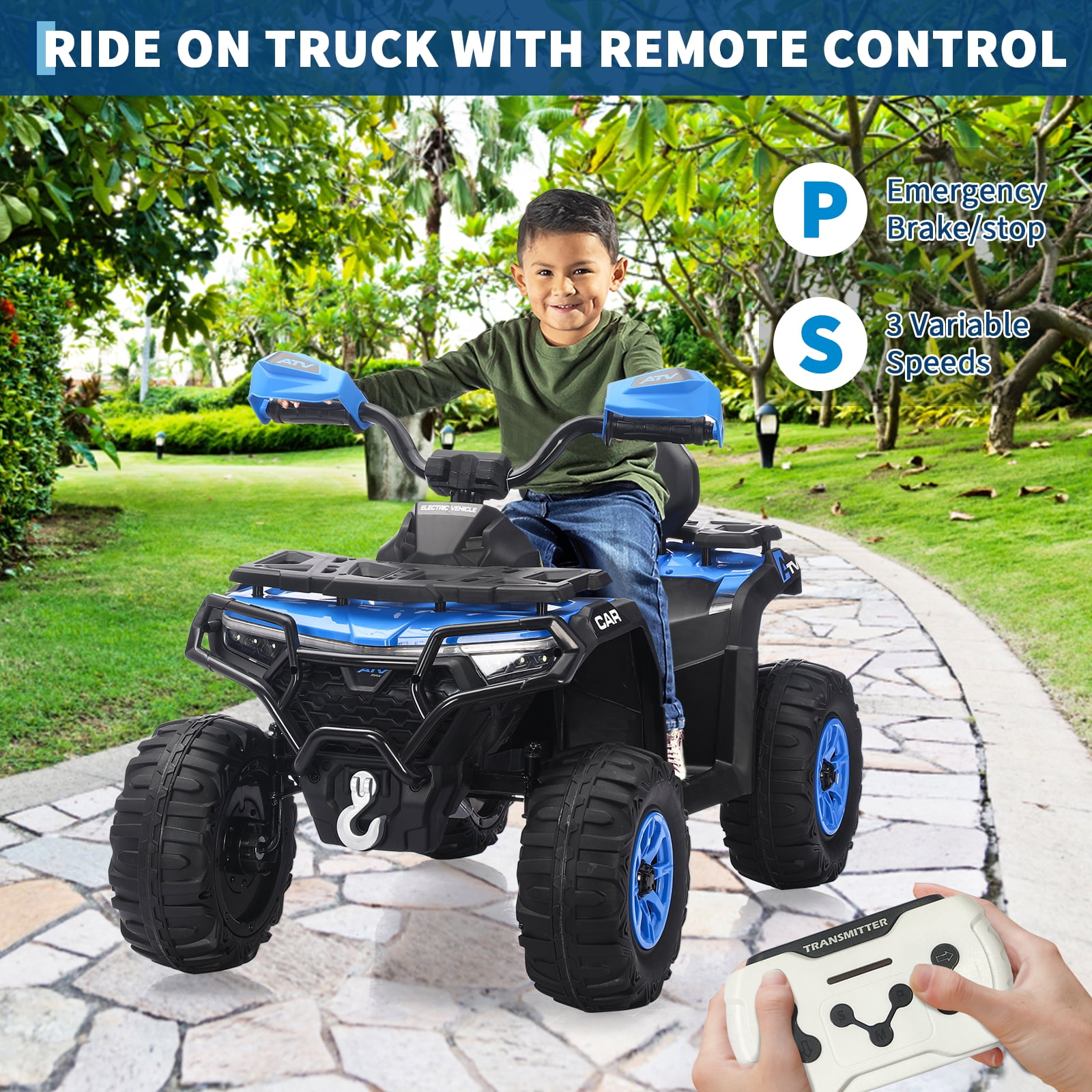 Garvee 12V Kids Ride On ATV,3 Variable Speeds,with Parent Remote Control,LED Headlights,Music,Blue